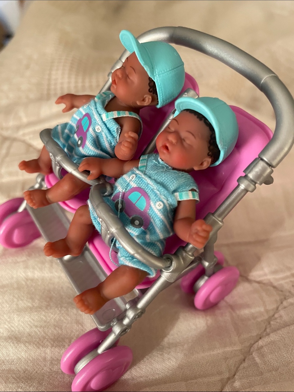 Twin Baby Doll Set with Pink Double Stroller and Teal Outfits - Picture 2 of 3